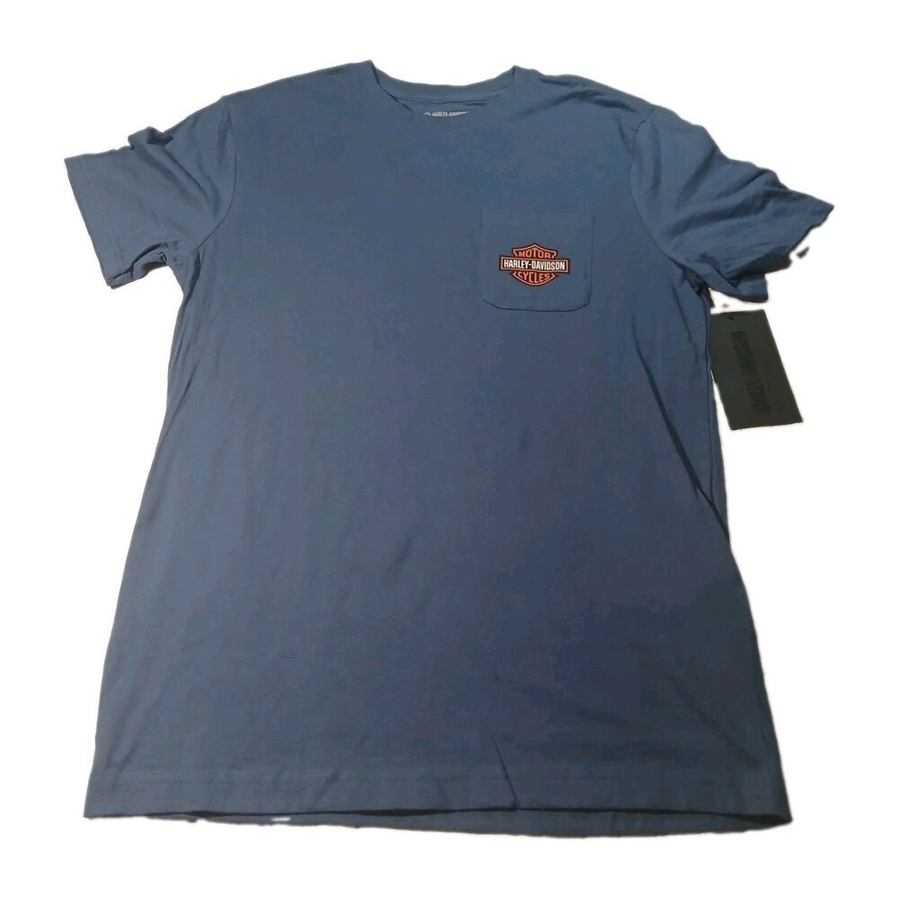 Harley Davidson M Medium Front Pocket Orange And White Logo Blue T Shirt